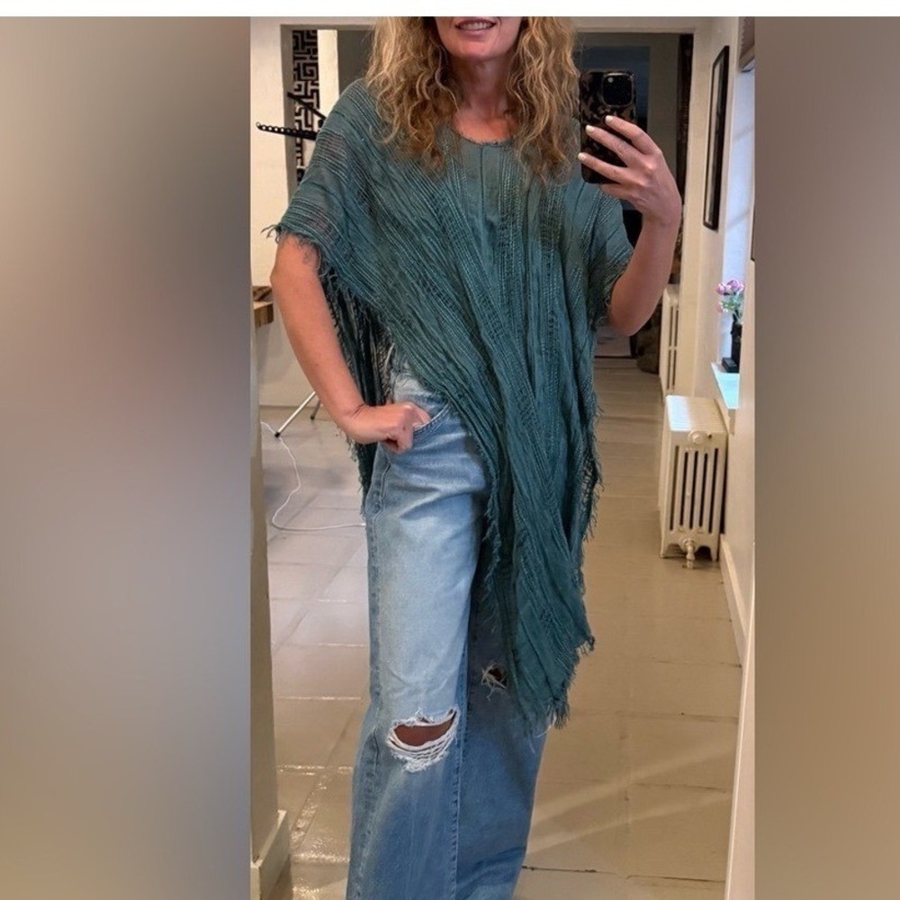 Free People Teal Fringe Open Knit Poncho Cover Up OS
